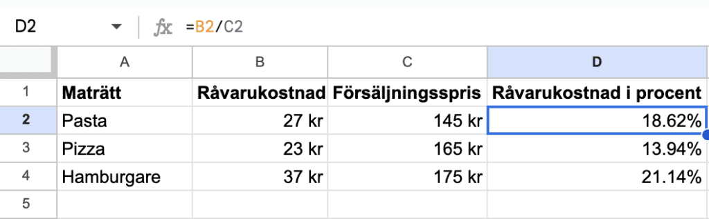 Räkna ut råvarukostnad i procent i excel med denna enkla uppställning och formel