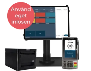 Produktbild på Onslip kassasystem på en surfplatta. Surfplattan står på ett svart stativ och bredvid står en kortterminal till höger om surfplattan och till vänster om surfplattan står en svart kvittoskrivare.