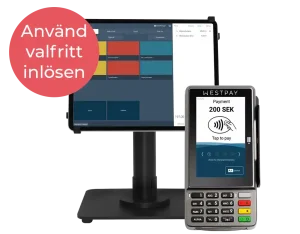 Produktbild på Onslip kassasystem på en surfplatta. Surfplattan står på ett svart stativ och bredvid står en kortterminal till höger om surfplattan och till vänster om surfplattan står en svart kvittoskrivare.