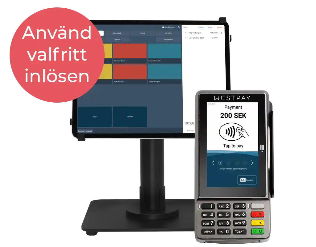 Produktbild på Onslip kassasystem på en surfplatta. Surfplattan står på ett svart stativ och bredvid står en kortterminal till höger om surfplattan och till vänster om surfplattan står en svart kvittoskrivare.