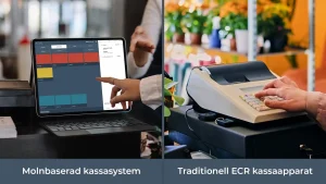 Till vänster i bilden står ett molnbaserat kassasystem och med texten i bilden till vänster står det molnbaserad kassasystem i vit text mot en blå bakgrund. Till höger i bilden står en vit ECR kassaapparat på en svart kassalåda. I höger står det Traditionell ECR kassaapparat i vit text mor en blå bakgrund.