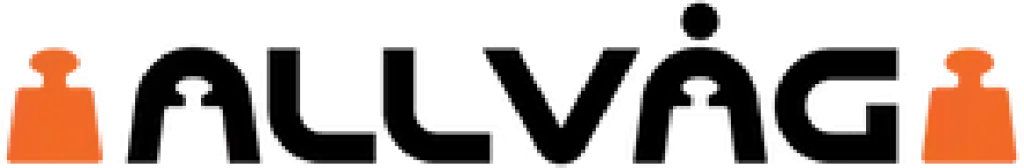 Logotyp för förteaget allvåg. I logtypen finns två vikter som är oranga och mellan vikterna i bilden står det allvåg i svart text.