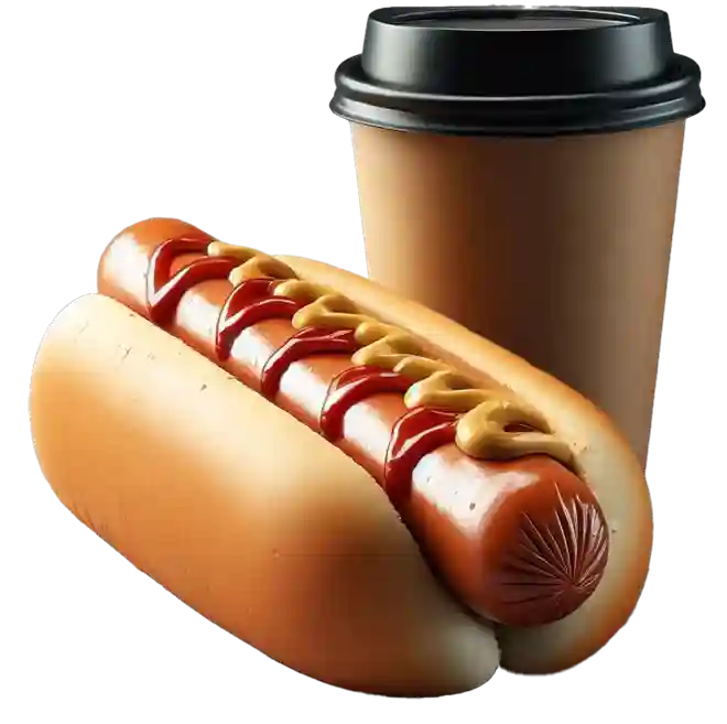 En bild på en korv med bröd och en kaffemugg i brunt papper och svart plastlock.