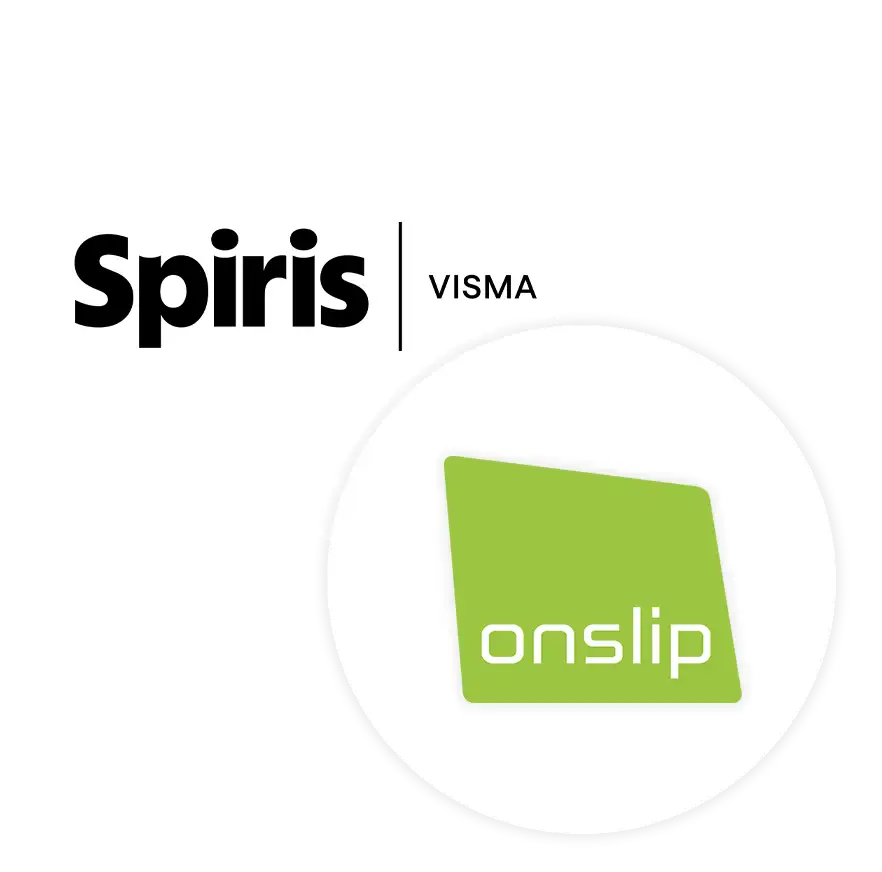 Två vita cirklar som överlappar varandra och i varje cirkel finns en logotyp. Den översta cirkeln i bilden har lgotypen för Spiris Visma och i den nedre cirkeln finns en grön logotyp för Onslip kassasystem.