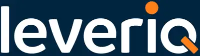 Logotyp med mörk blå bakgrund och företagsnamnet leveriq utskrivet. Punkten ovanför i är orange och strecket genom Q är oranget.