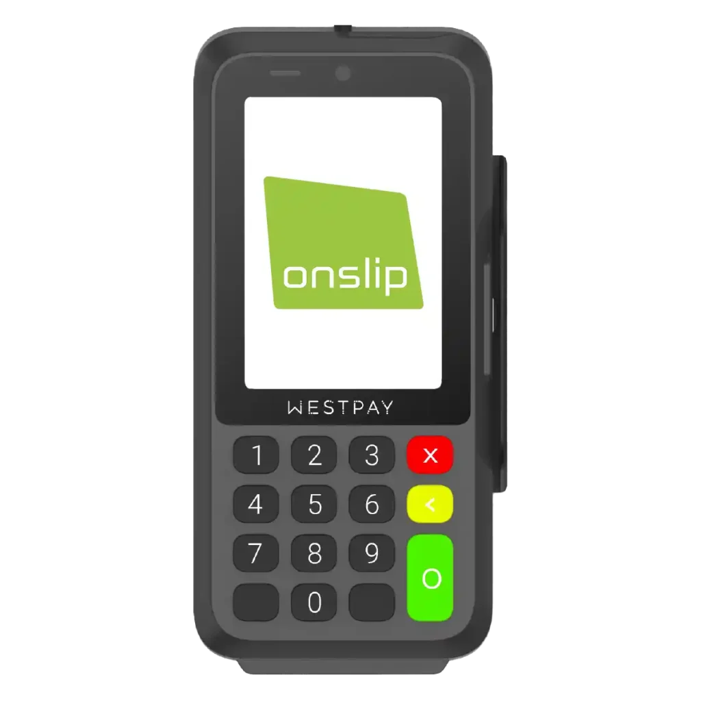 Kortterminal Westpay C20 med Onslip logotyp på.