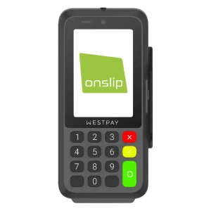 Kortterminal Westpay C20 med Onslip logotyp på.