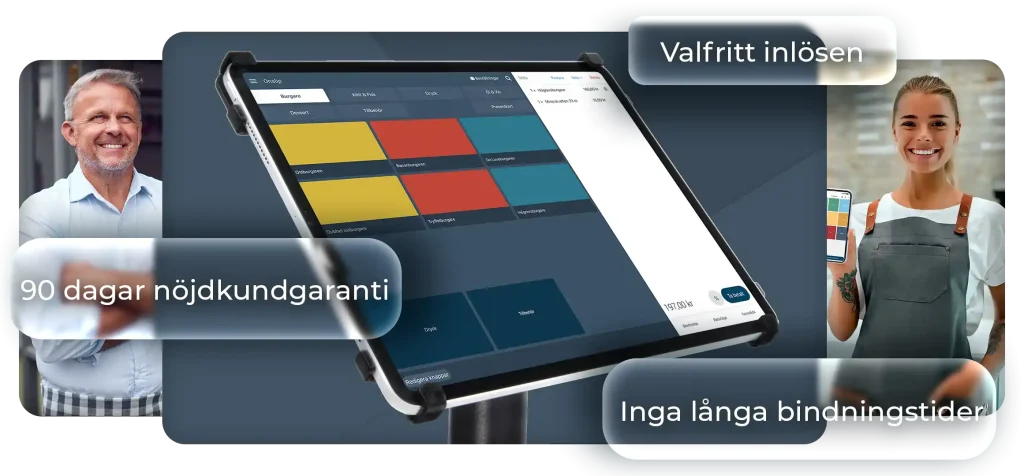 Kollaget består av tre bilder som står bredvid varandra Bilden i mitten ser man Onslip kassasystem på en surfplatta med blå bakgrund. Bilden till höger om kassasystemet ser man en kvinna i förklädde i en restaurang som håller en telefon med Onslip kassasystem på. Till vänster om mitten bilden ser man en krögare som är glad i vitskjorta och står med armarna i kors utanför sin restaurang.