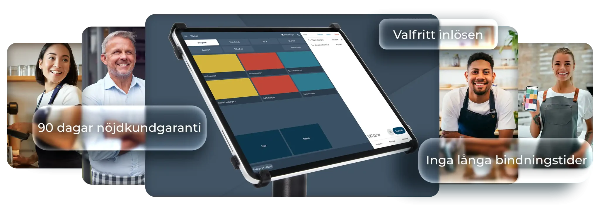 Kollaget består av fem bilder som står bredvid varandra Bilden i mitten ser man Onslip kassasystem på en surfplatta med blå bakgrund. Bilden till höger om kassasystemet ser man en kvinna i förklädde i en restaurang som håller en telefon med Onslip kassasystem på. bredvid den bilden ser man även en man med förkläde som står lutad mot en bardisk i ett kafé. Till vänster om mitten bilden ser man en krögare som är glad i vitskjorta och står med armarna i kors utanför sin restaurang. Bredvid bilden på krögaren ser man en ung kvinna med förkläde och vit tshirt som står vid en kaffemaskin i ett kafé.