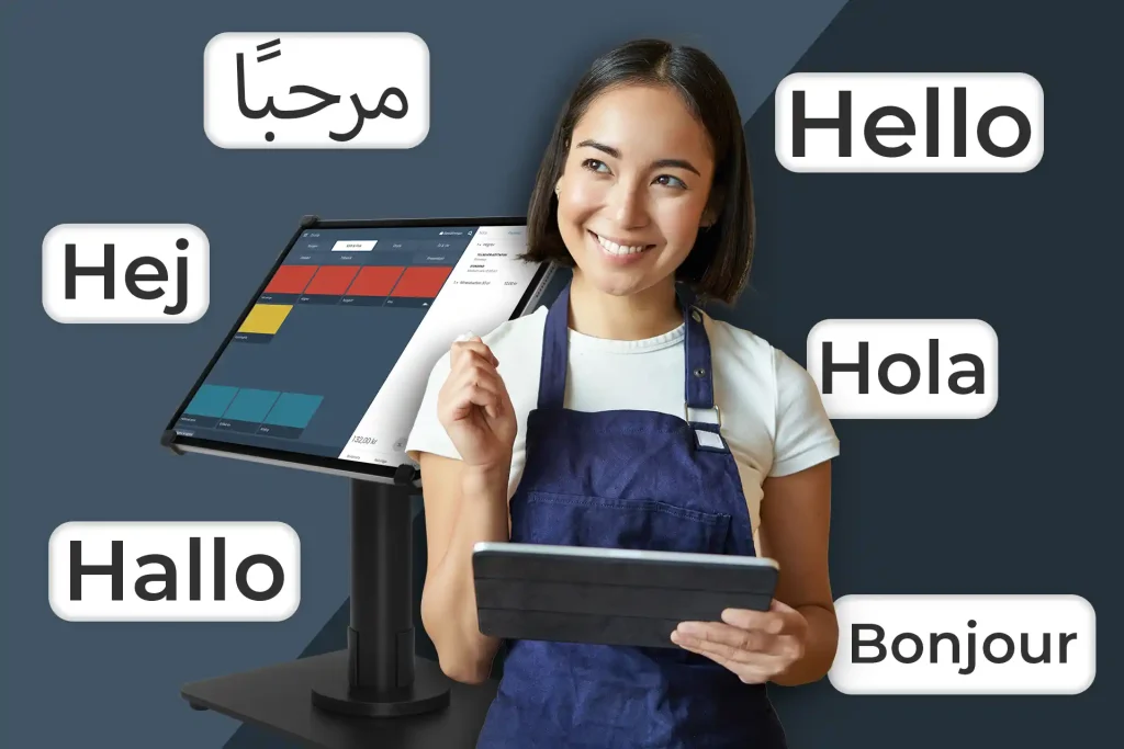 En servitris står i mitten av bilden med en surfplatta i handen. Bakom servitrisen står ett kassasystem från Onslip på en surfplatta. Runt om i bilden står det "Hej" på olika språk som kassasystemet stödjer. Svenska, Franska, Spanska, Tyska, Engelska och Arabiska.