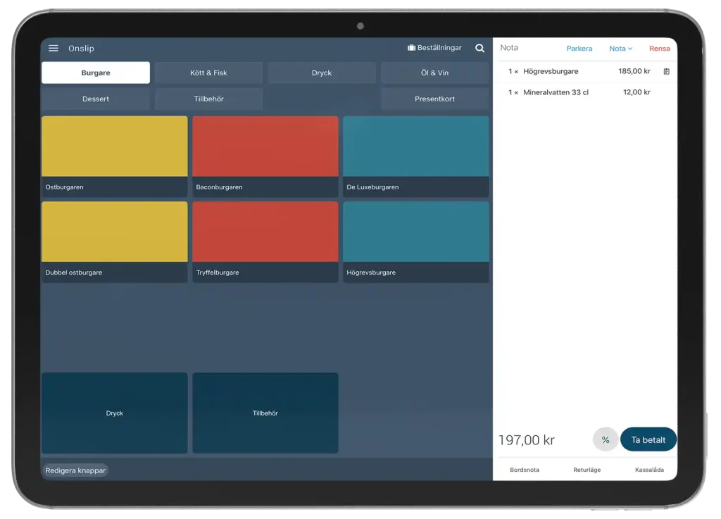 En surfplatta med Onslip kassasystem. Där man ser knappkartan med olika produkter.