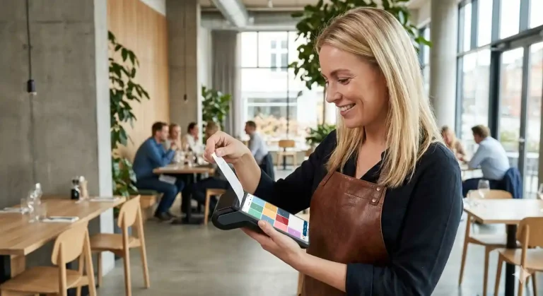 En servitris i 30 års åldern med blont hår och svart tröja och med ett brunt läder förkläde på sig. Hon ler medan hon skriver ut ett kvitto på en android kortterminal med Onslip kassasystem på.