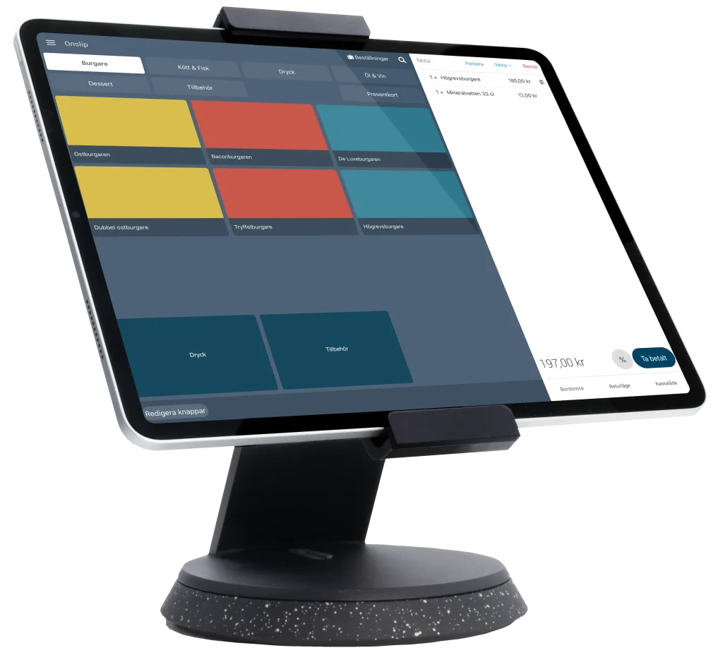 Onslip kassasystem POS på en surfplatta som står i ett svart stativ för surfplattor.
