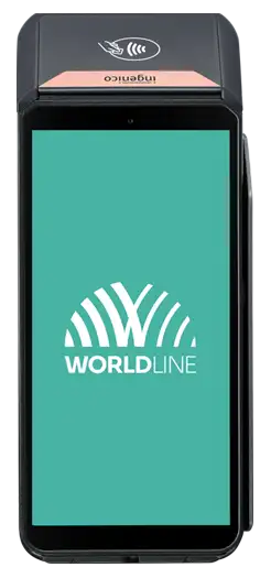 Android betalterminal med stor skärm. På den stora skärmen på kortterminalen ser man en grön bild med en vit Worldline logotyp på.