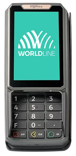 En kortterminal från Worldline. På skärmen på betalterminalen ser man en grön bakgrund med en vit worldline logotyp. Terminalen är ljusgrå med stor skärm